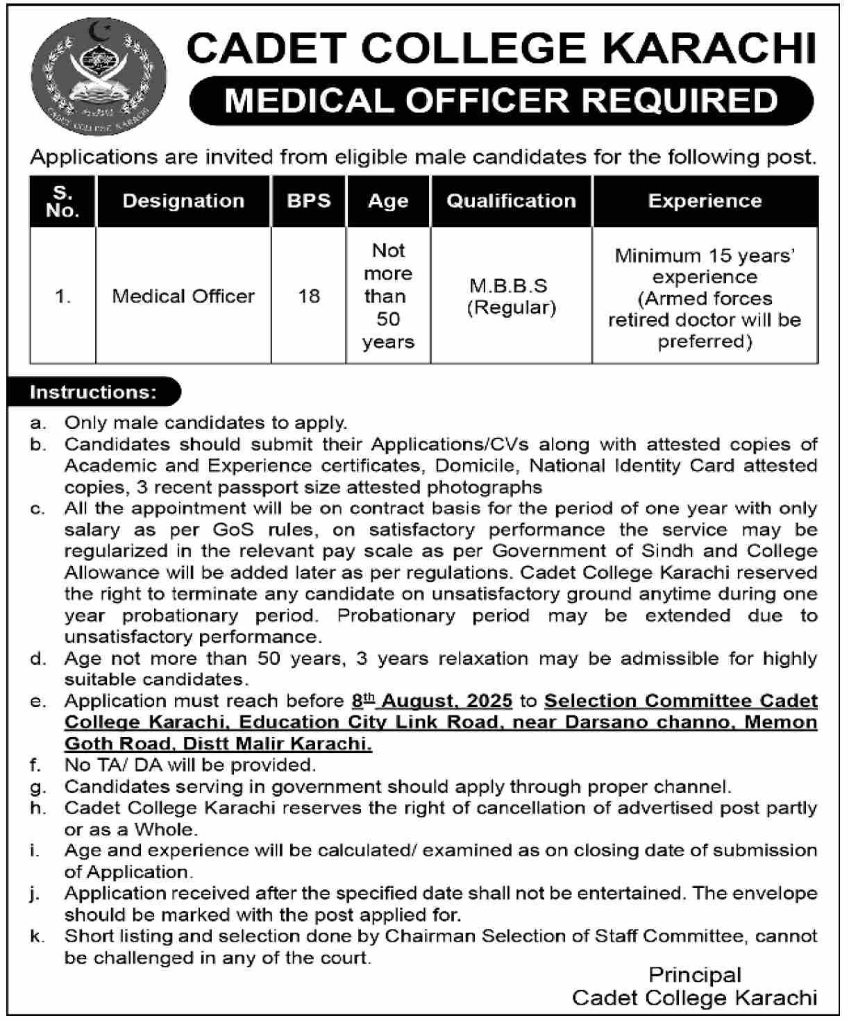 Cadet College Karachi Jobs 2025 - Medical Officer Vacancy 